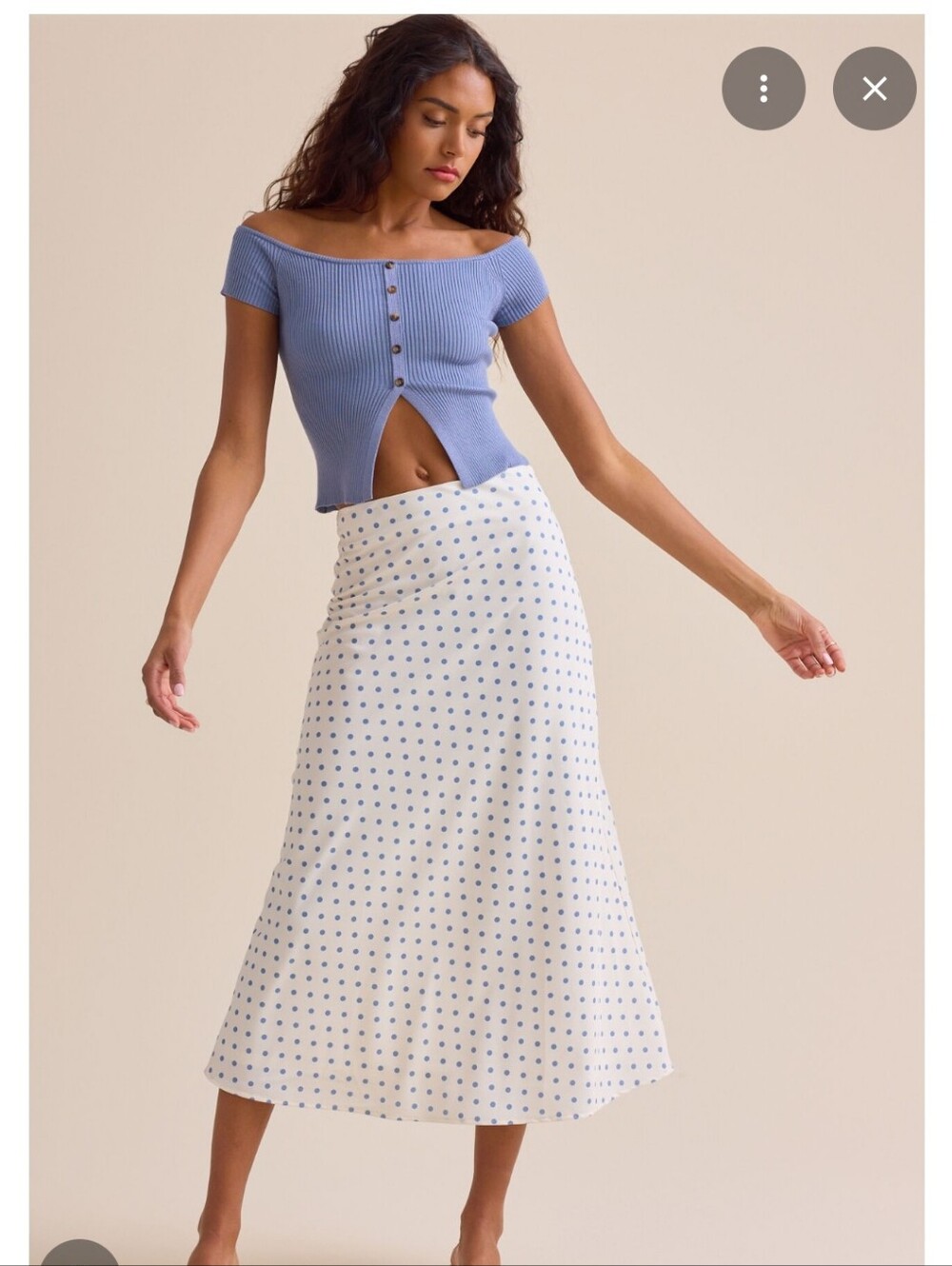 NWT Altar'd State Cream Long Maxi Skirt Light Blue Polka Dots!  Retail $72! XL